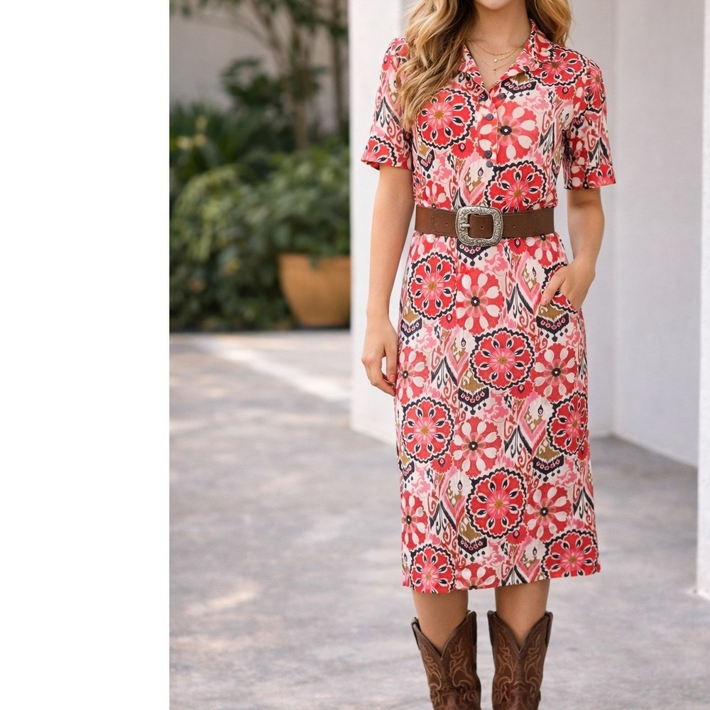 Zara Western Ikat Print Midi Shirt Dress XS Festival Boho Coastal Cowgirl Retro